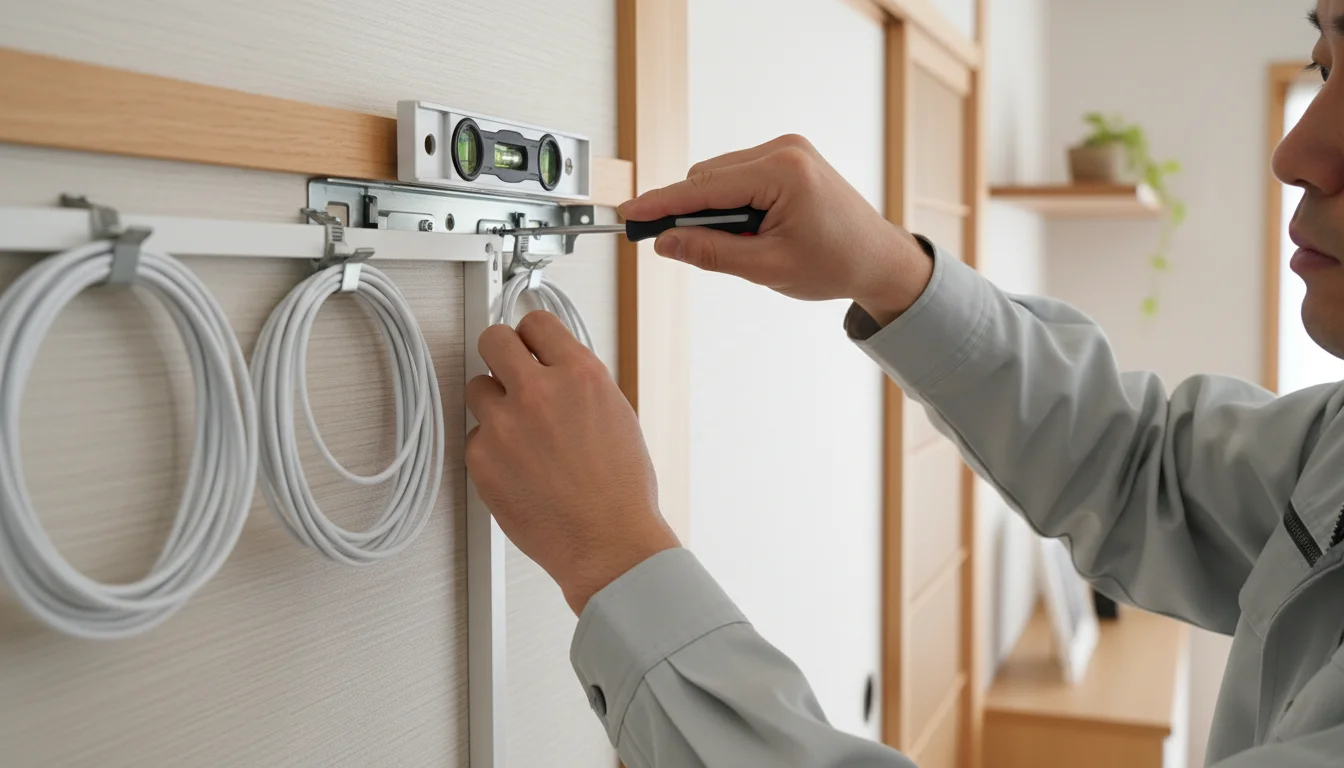 壁面に室内機を設置し、水平を確認しながら作業するスタッフの手元