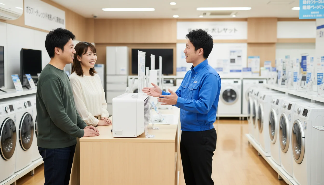 家電の相談を受けながら資料を見せる店頭スタッフと来店者