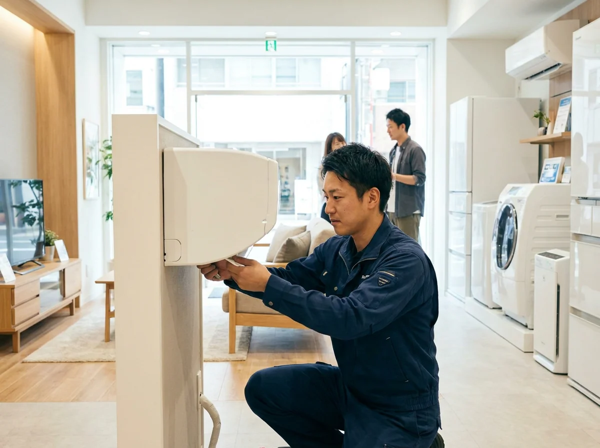 エアコン室外機の周囲で配管接続を確認する作業スタッフの手元
